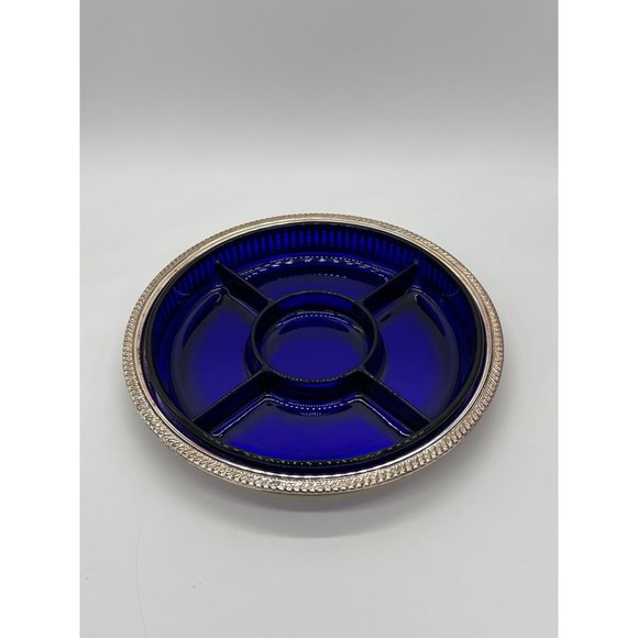 Vintage Cobalt Blue Divided Appetizer/Veggie/Dip Tray on Silver Color Platter - Picture 3 of 8